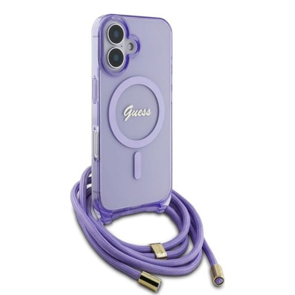 Калъф MagSafe за Apple iPhone 16, Guess, IML Crossbody Cord Script, Розов
