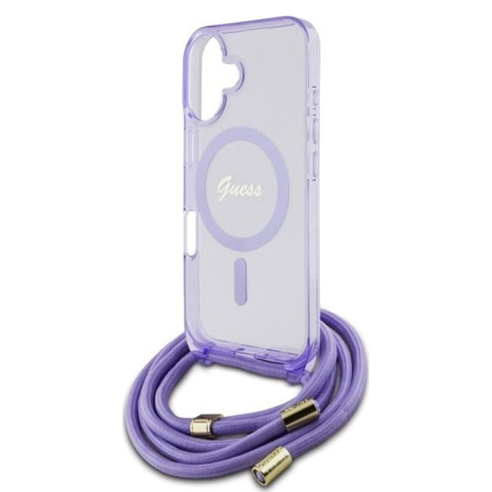 Калъф MagSafe за Apple iPhone 16, Guess, IML Crossbody Cord Script, Розов