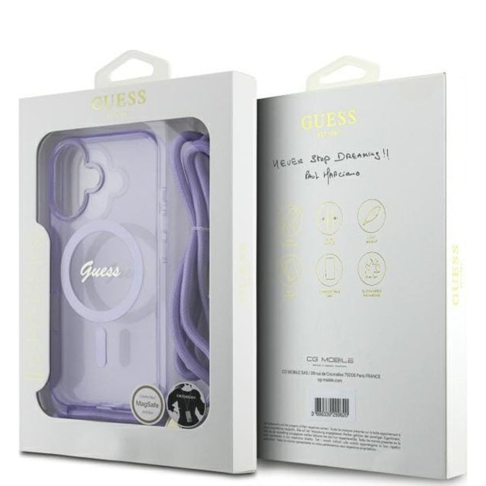 Калъф MagSafe за Apple iPhone 16, Guess, IML Crossbody Cord Script, Розов
