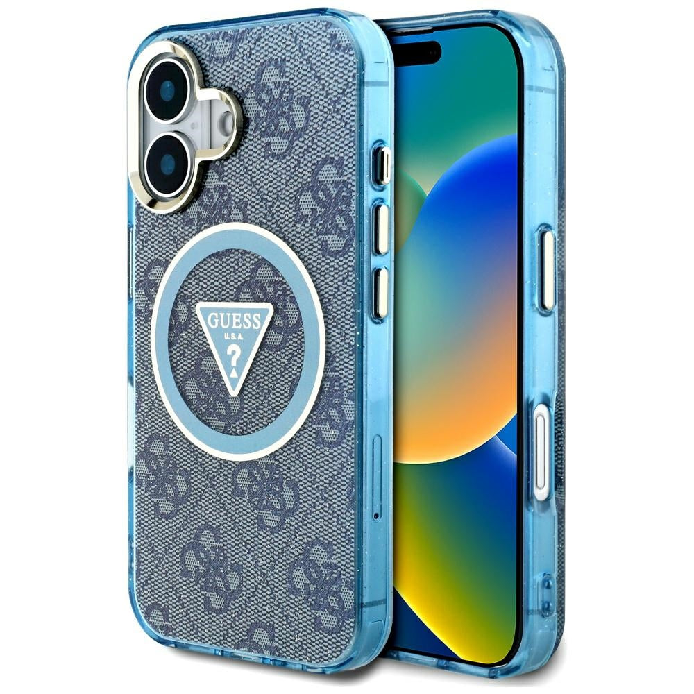 Калъф MagSafe за Apple iPhone 16, Guess, IML Glitter 4G Circle Triangle, Син