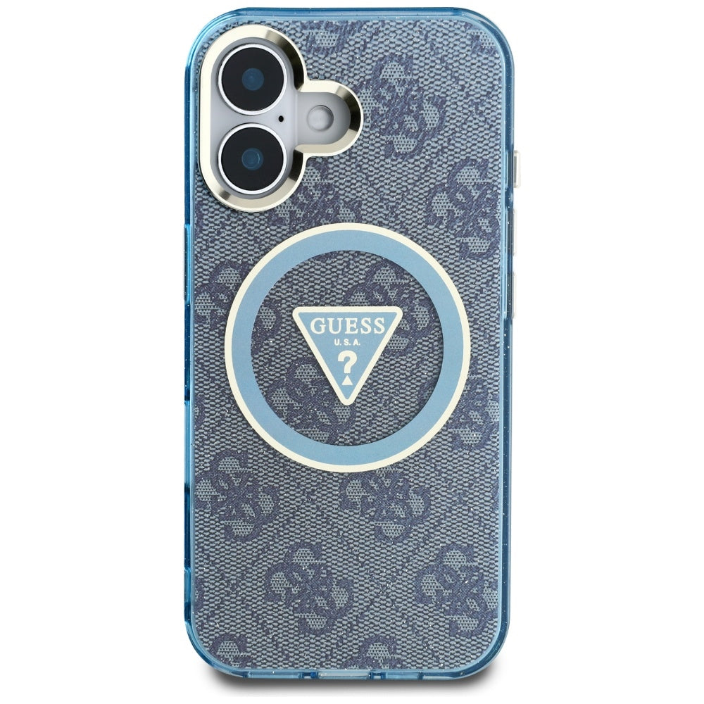Калъф MagSafe за Apple iPhone 16, Guess, IML Glitter 4G Circle Triangle, Син