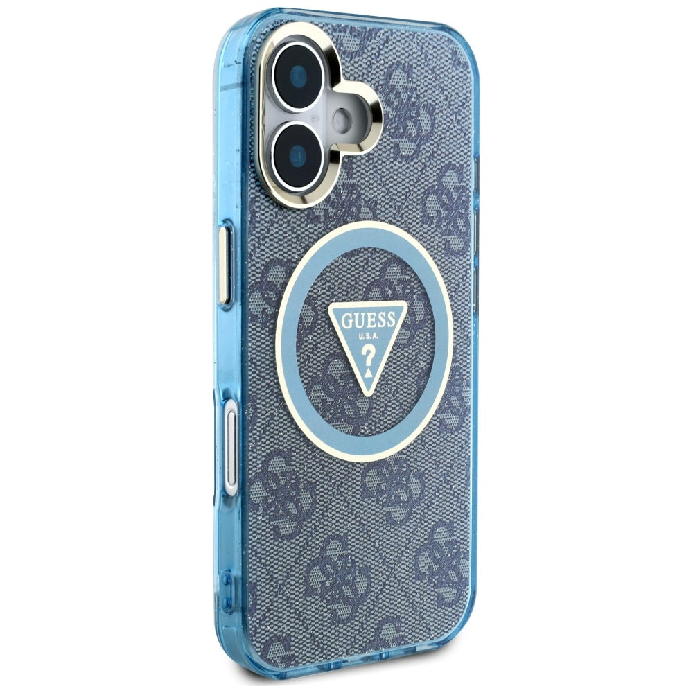 Калъф MagSafe за Apple iPhone 16, Guess, IML Glitter 4G Circle Triangle, Син