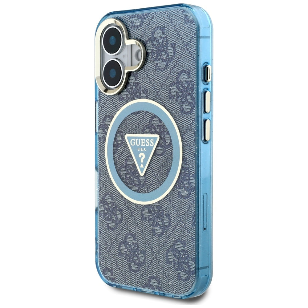 Калъф MagSafe за Apple iPhone 16, Guess, IML Glitter 4G Circle Triangle, Син