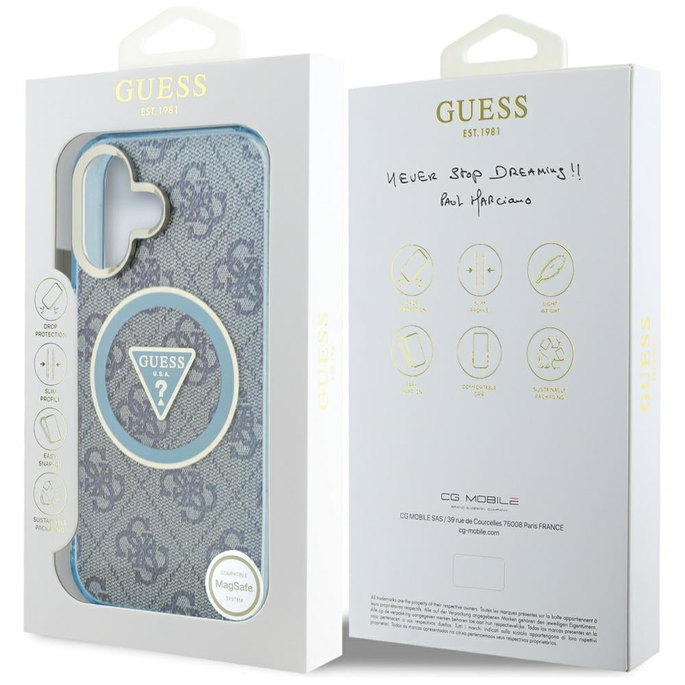 Калъф MagSafe за Apple iPhone 16, Guess, IML Glitter 4G Circle Triangle, Син
