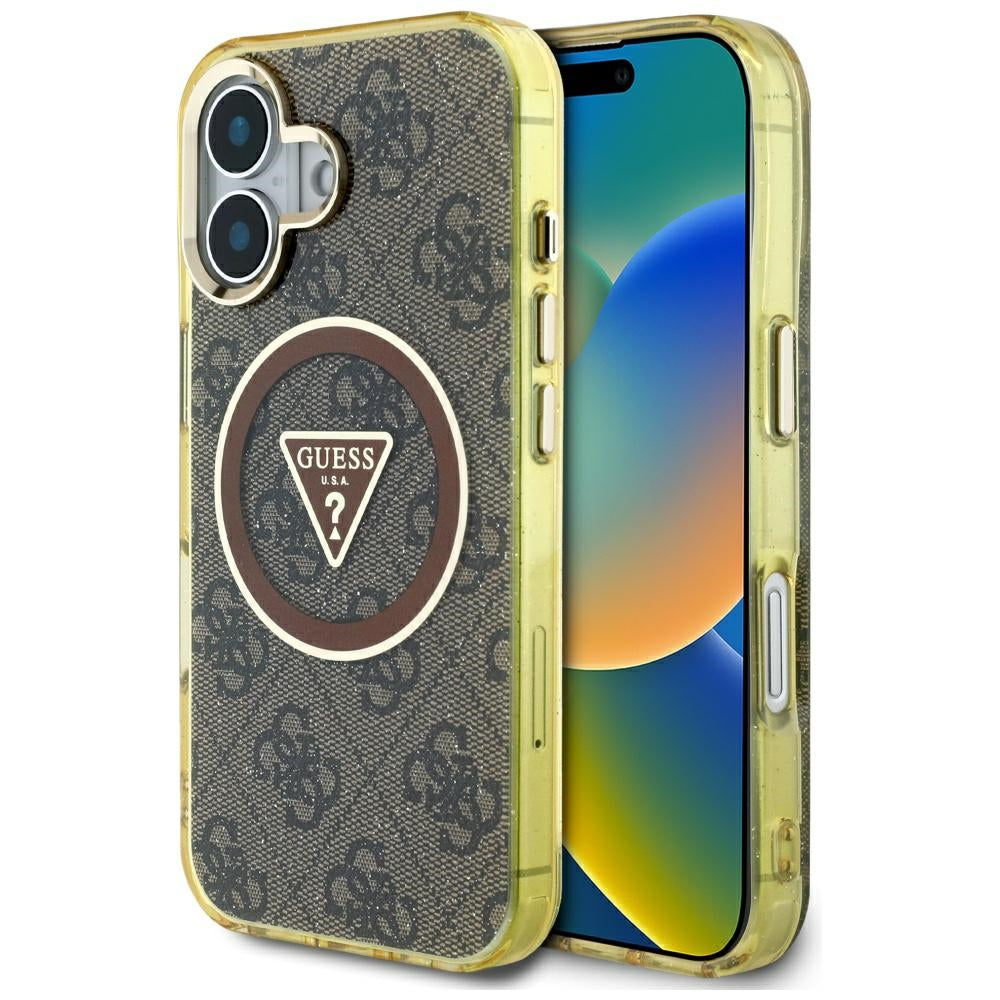 Калъф MagSafe за Apple iPhone 16, Guess, IML Glitter 4G Circle Triangle, Кафяв