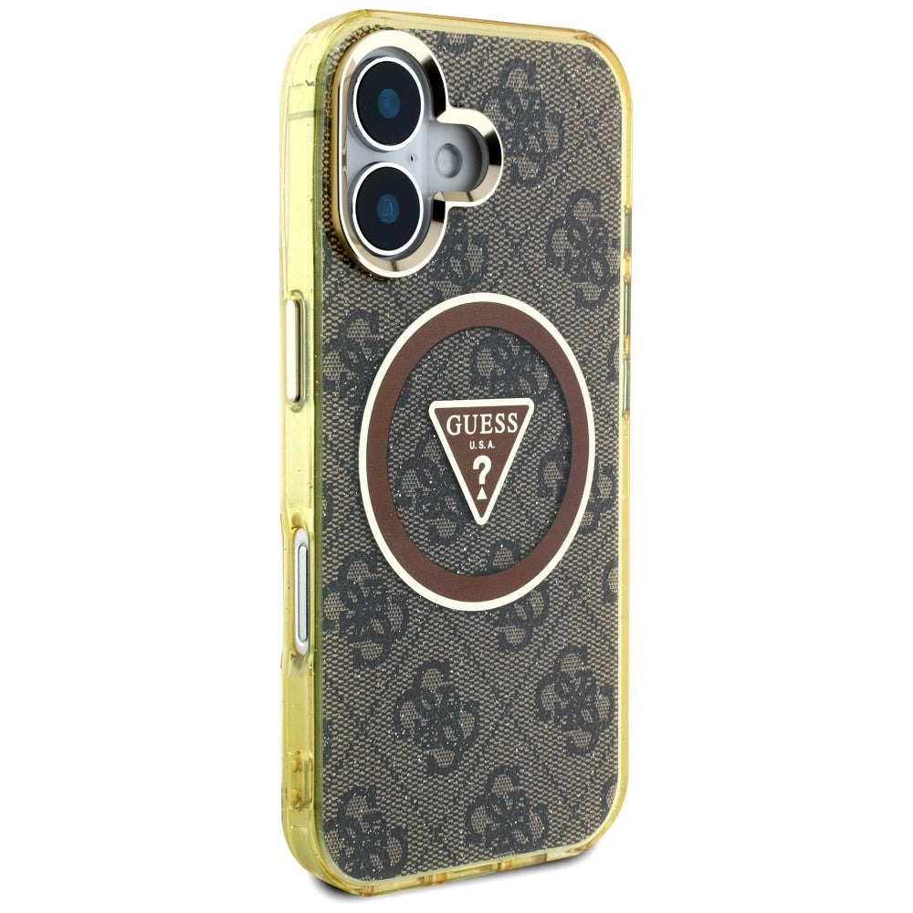 Калъф MagSafe за Apple iPhone 16, Guess, IML Glitter 4G Circle Triangle, Кафяв