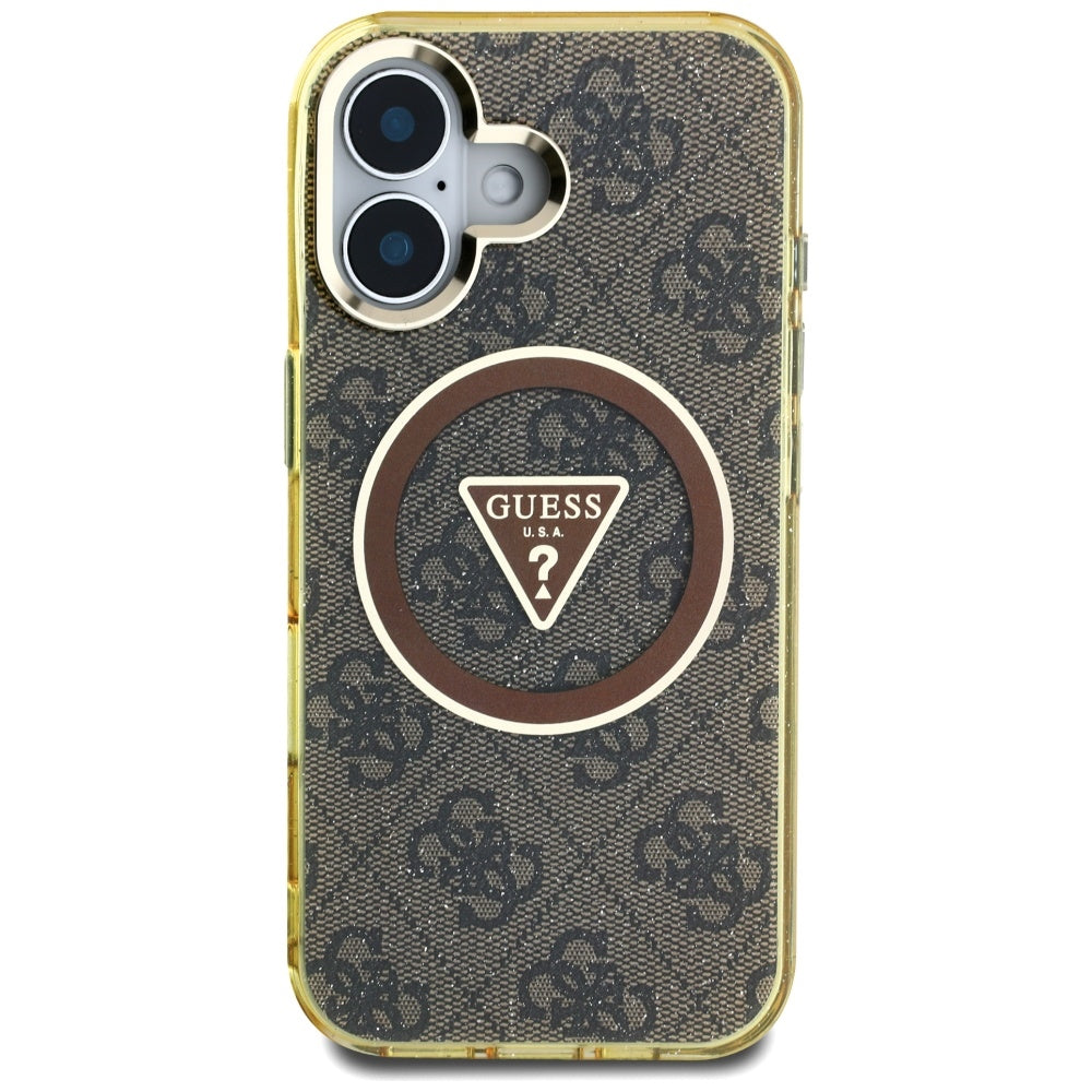 Калъф MagSafe за Apple iPhone 16, Guess, IML Glitter 4G Circle Triangle, Кафяв