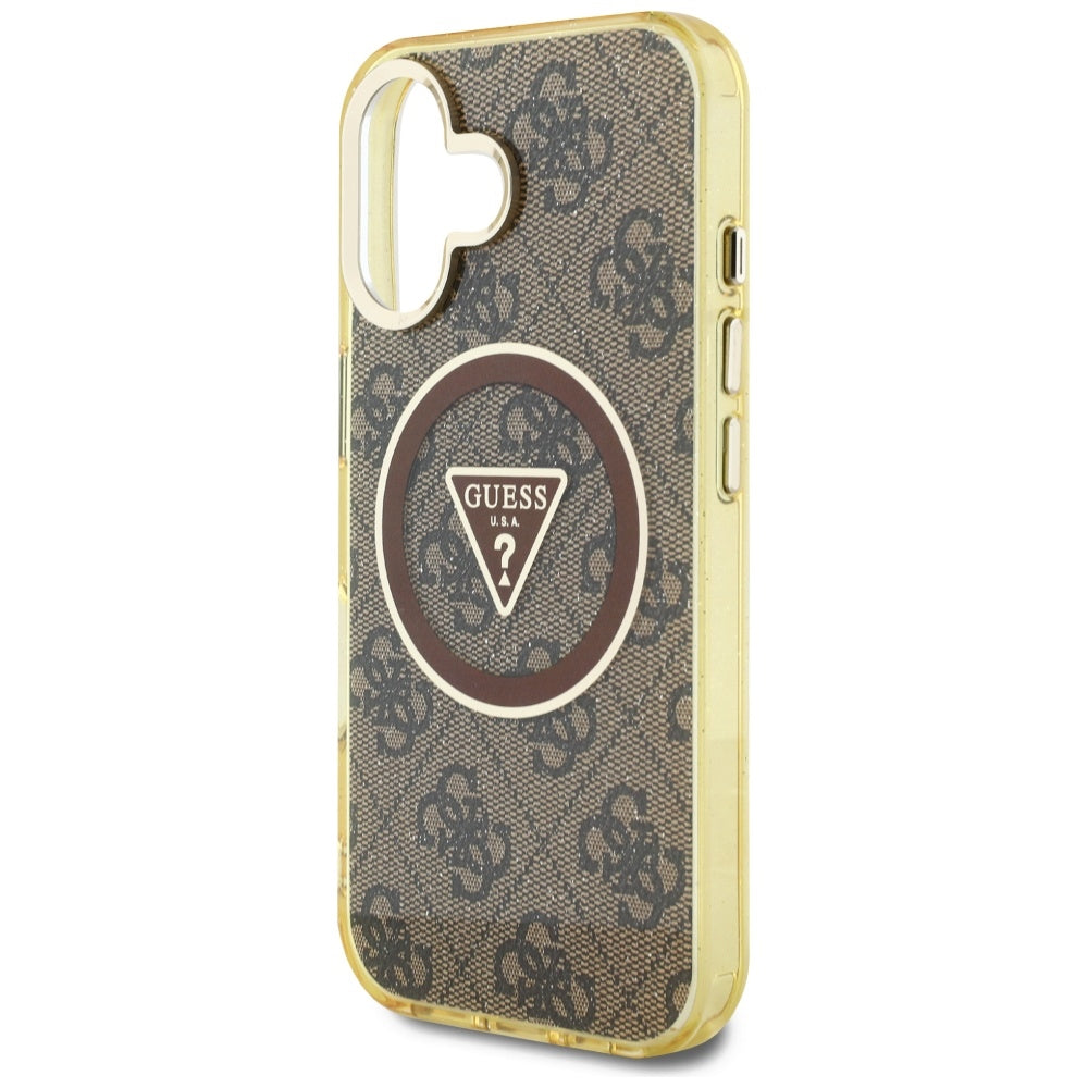 Калъф MagSafe за Apple iPhone 16, Guess, IML Glitter 4G Circle Triangle, Кафяв