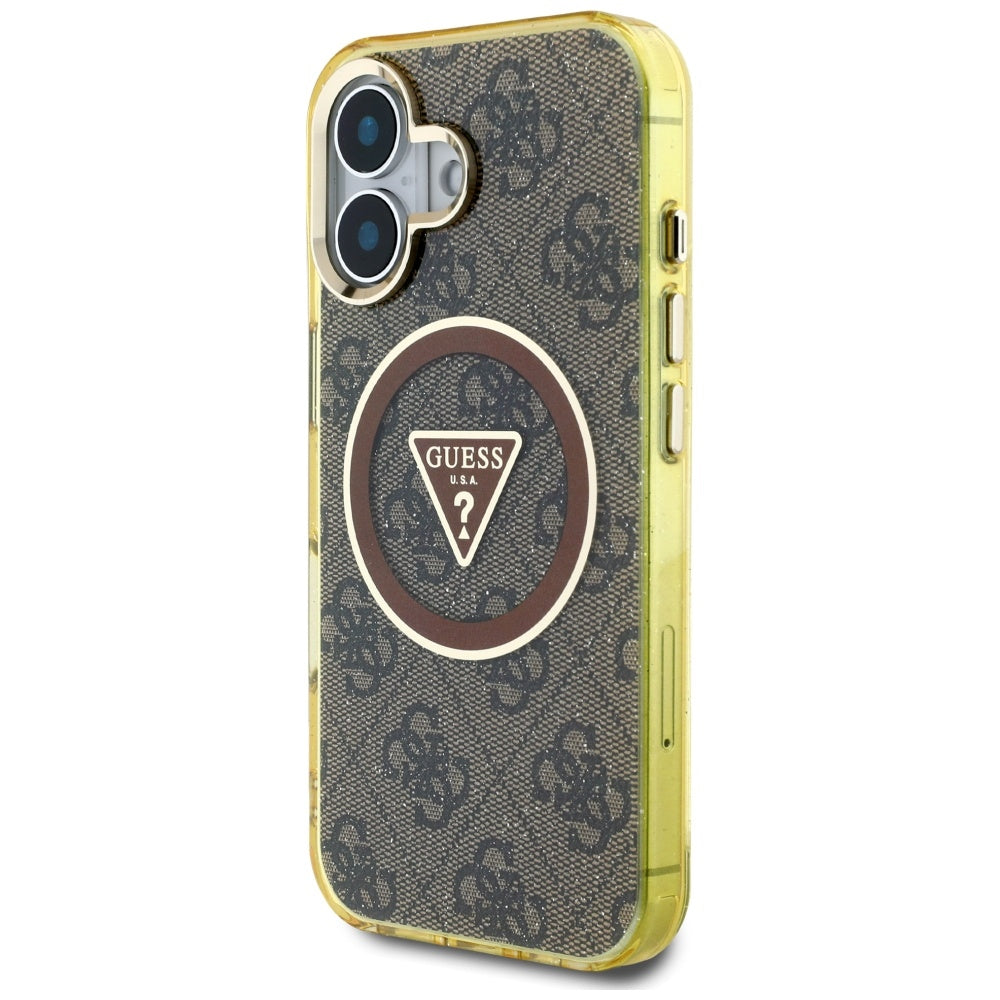 Калъф MagSafe за Apple iPhone 16, Guess, IML Glitter 4G Circle Triangle, Кафяв