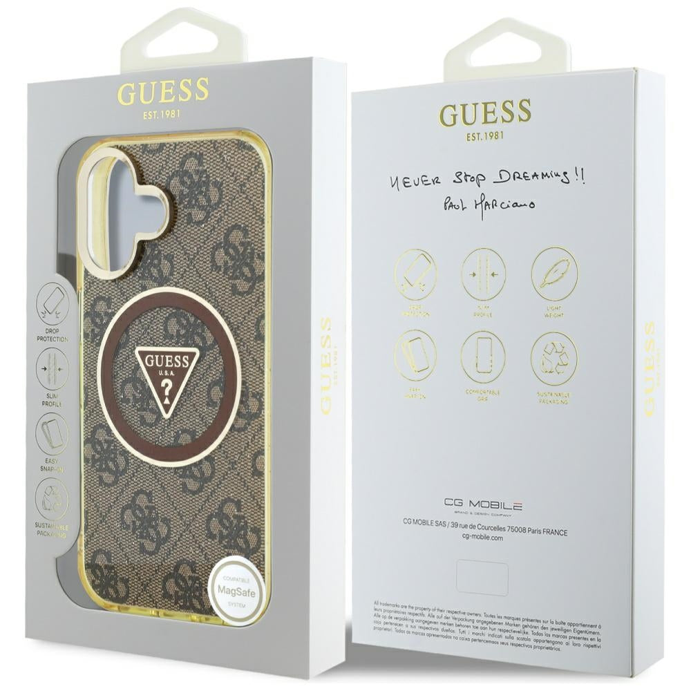 Калъф MagSafe за Apple iPhone 16, Guess, IML Glitter 4G Circle Triangle, Кафяв