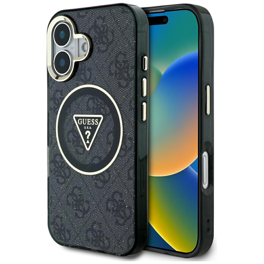 Калъф MagSafe за Apple iPhone 16, Guess, IML Glitter 4G Circle Triangle, Черен