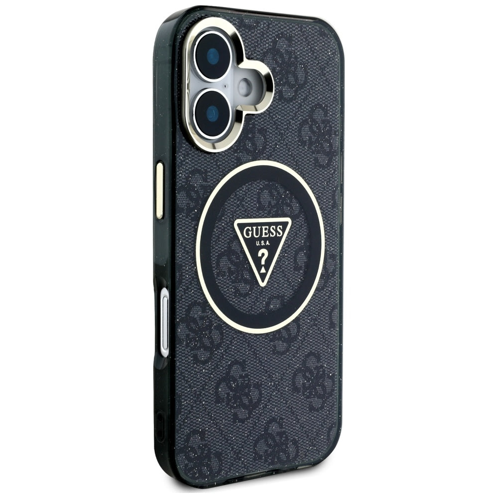 Калъф MagSafe за Apple iPhone 16, Guess, IML Glitter 4G Circle Triangle, Черен