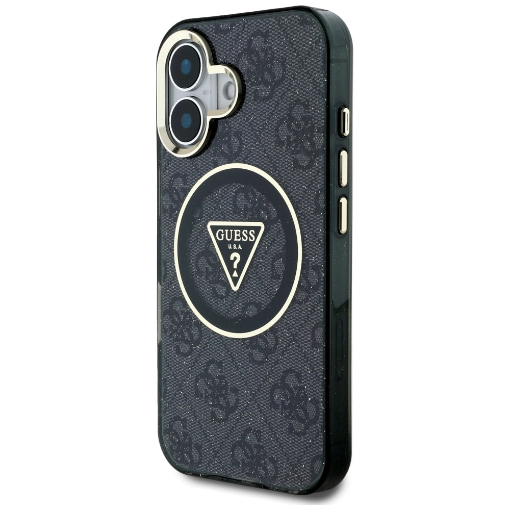 Калъф MagSafe за Apple iPhone 16, Guess, IML Glitter 4G Circle Triangle, Черен