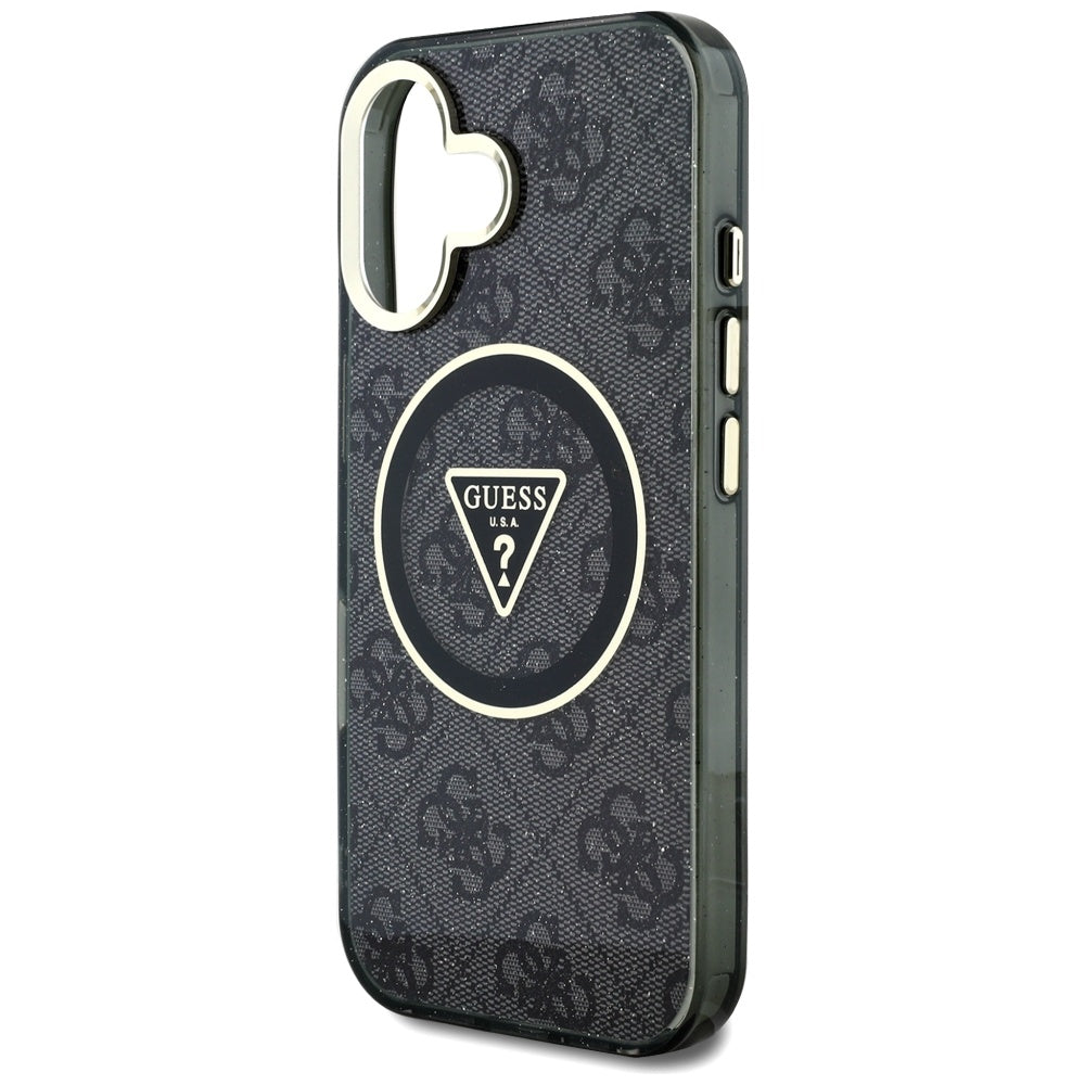 Калъф MagSafe за Apple iPhone 16, Guess, IML Glitter 4G Circle Triangle, Черен