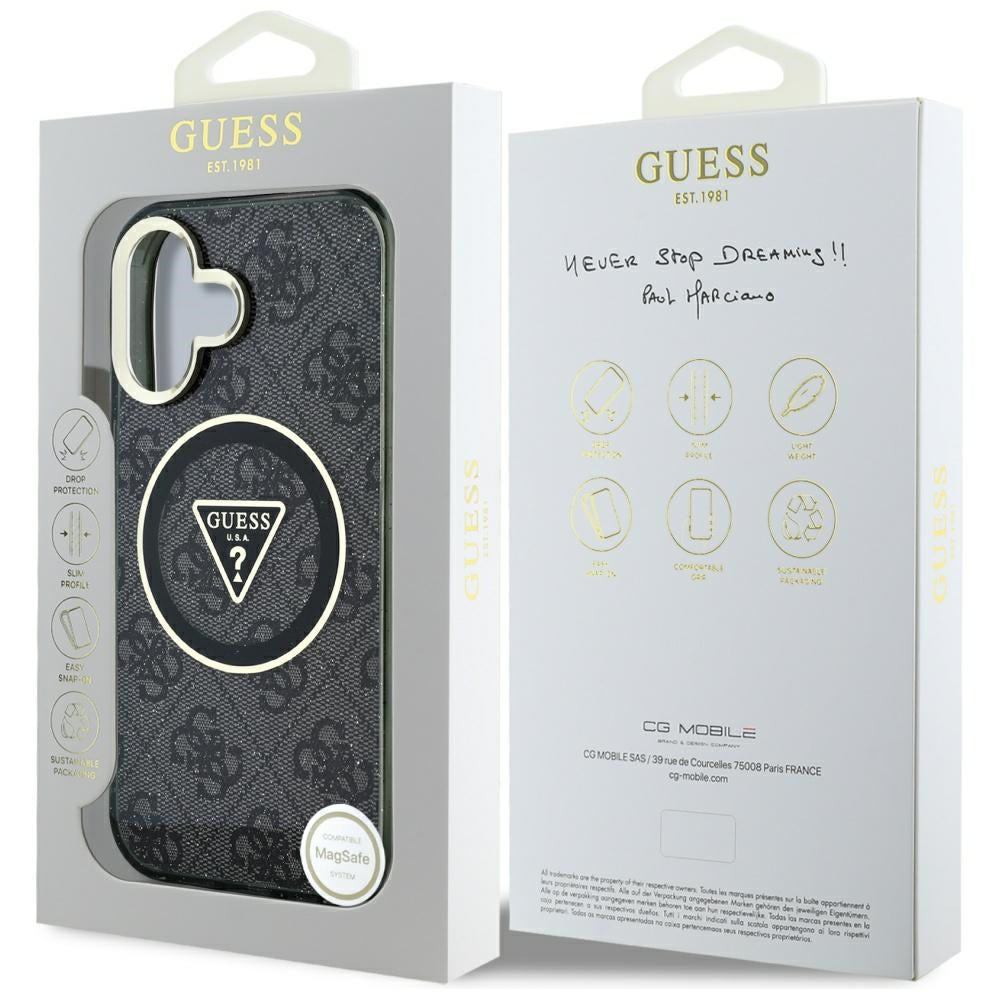 Калъф MagSafe за Apple iPhone 16, Guess, IML Glitter 4G Circle Triangle, Черен