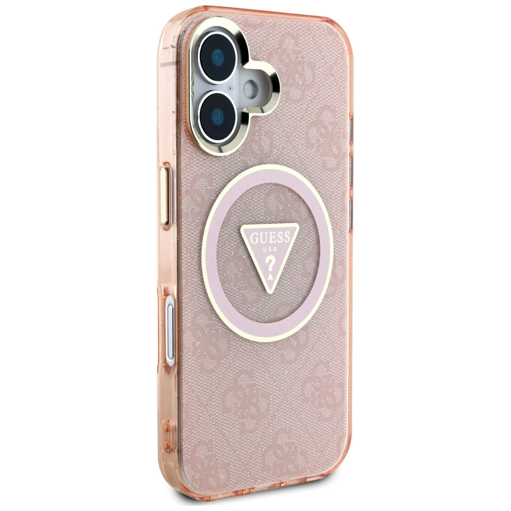 Калъф MagSafe за Apple iPhone 16, Guess, IML Glitter 4G Circle Triangle, Розов