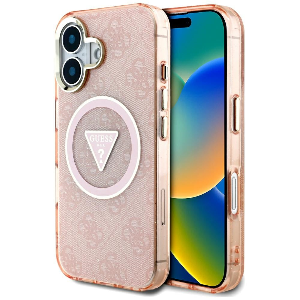 Калъф MagSafe за Apple iPhone 16, Guess, IML Glitter 4G Circle Triangle, Розов