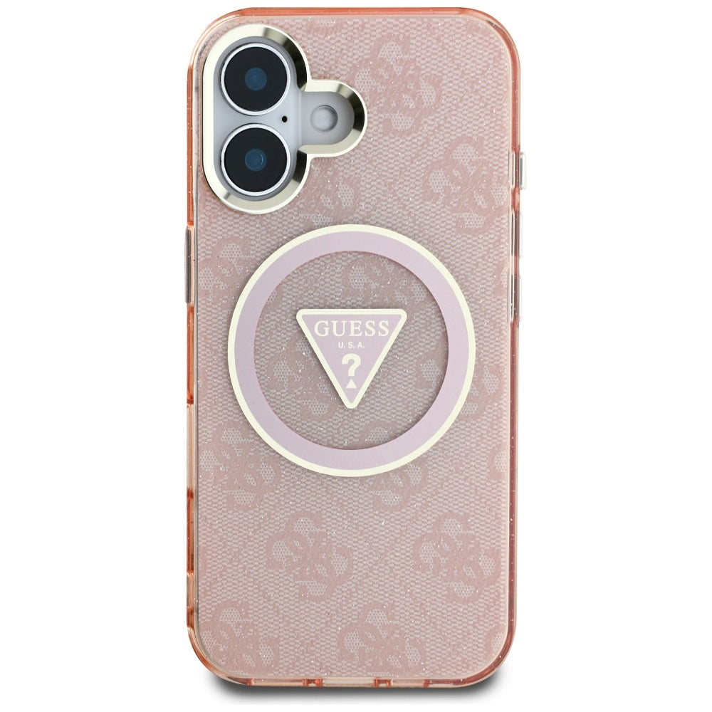 Калъф MagSafe за Apple iPhone 16, Guess, IML Glitter 4G Circle Triangle, Розов