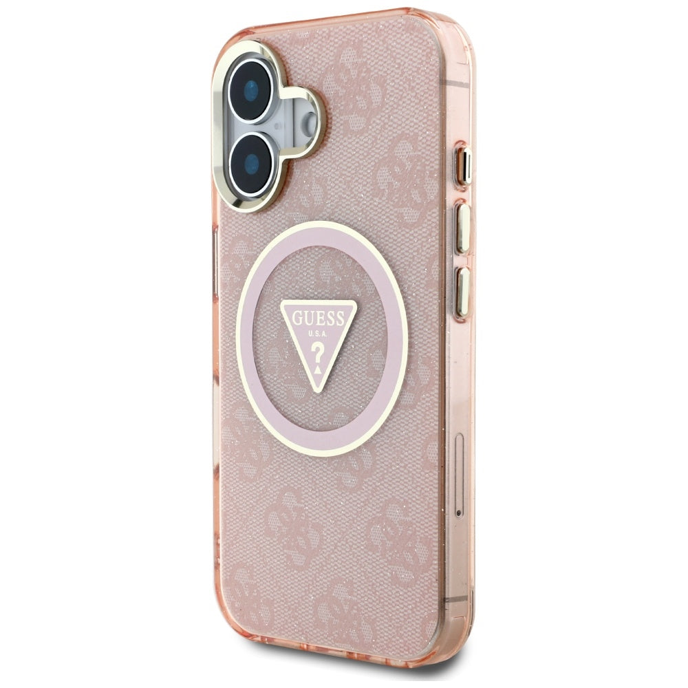 Калъф MagSafe за Apple iPhone 16, Guess, IML Glitter 4G Circle Triangle, Розов