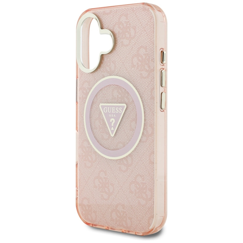 Калъф MagSafe за Apple iPhone 16, Guess, IML Glitter 4G Circle Triangle, Розов