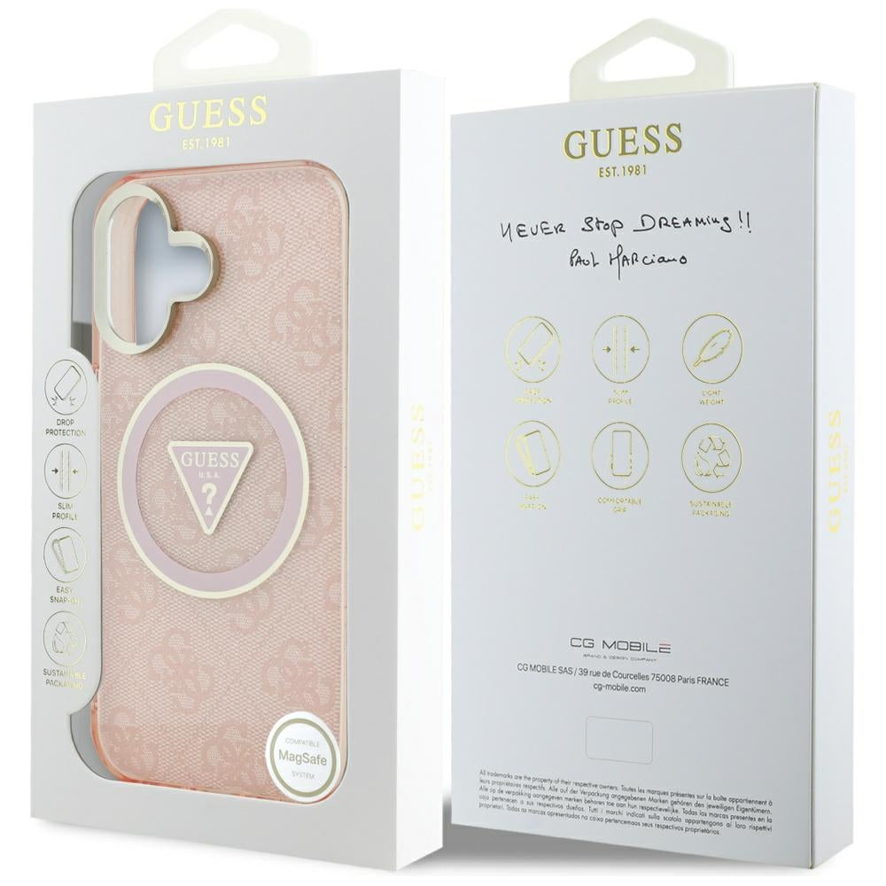 Калъф MagSafe за Apple iPhone 16, Guess, IML Glitter 4G Circle Triangle, Розов