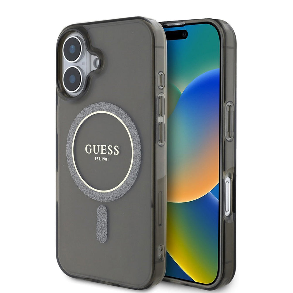 Калъф MagSafe за Apple iPhone 16, Guess, IML Glitter Circle, Черен