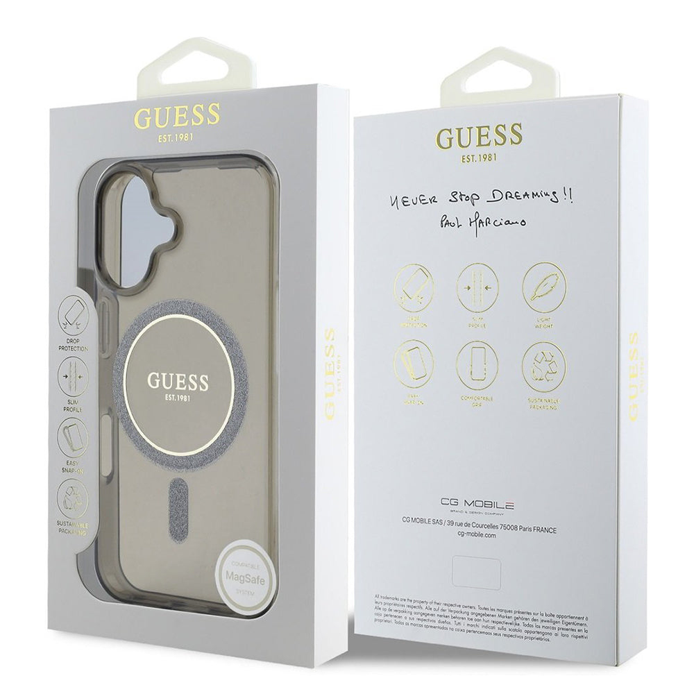 Калъф MagSafe за Apple iPhone 16, Guess, IML Glitter Circle, Черен