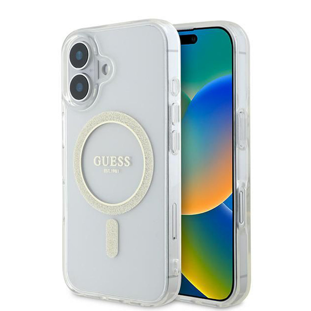 Калъф MagSafe за Apple iPhone 16, Guess, IML Glitter Circle, Прозрачен