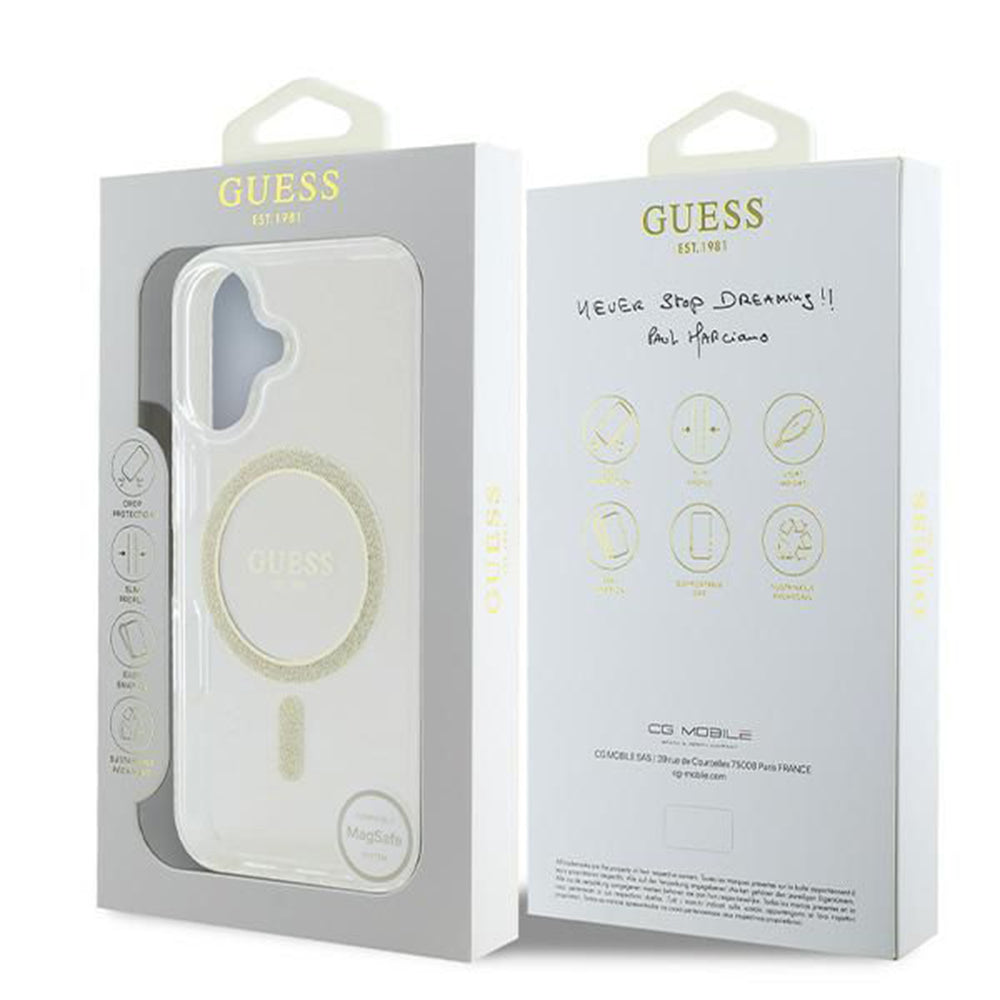 Калъф MagSafe за Apple iPhone 16, Guess, IML Glitter Circle, Прозрачен