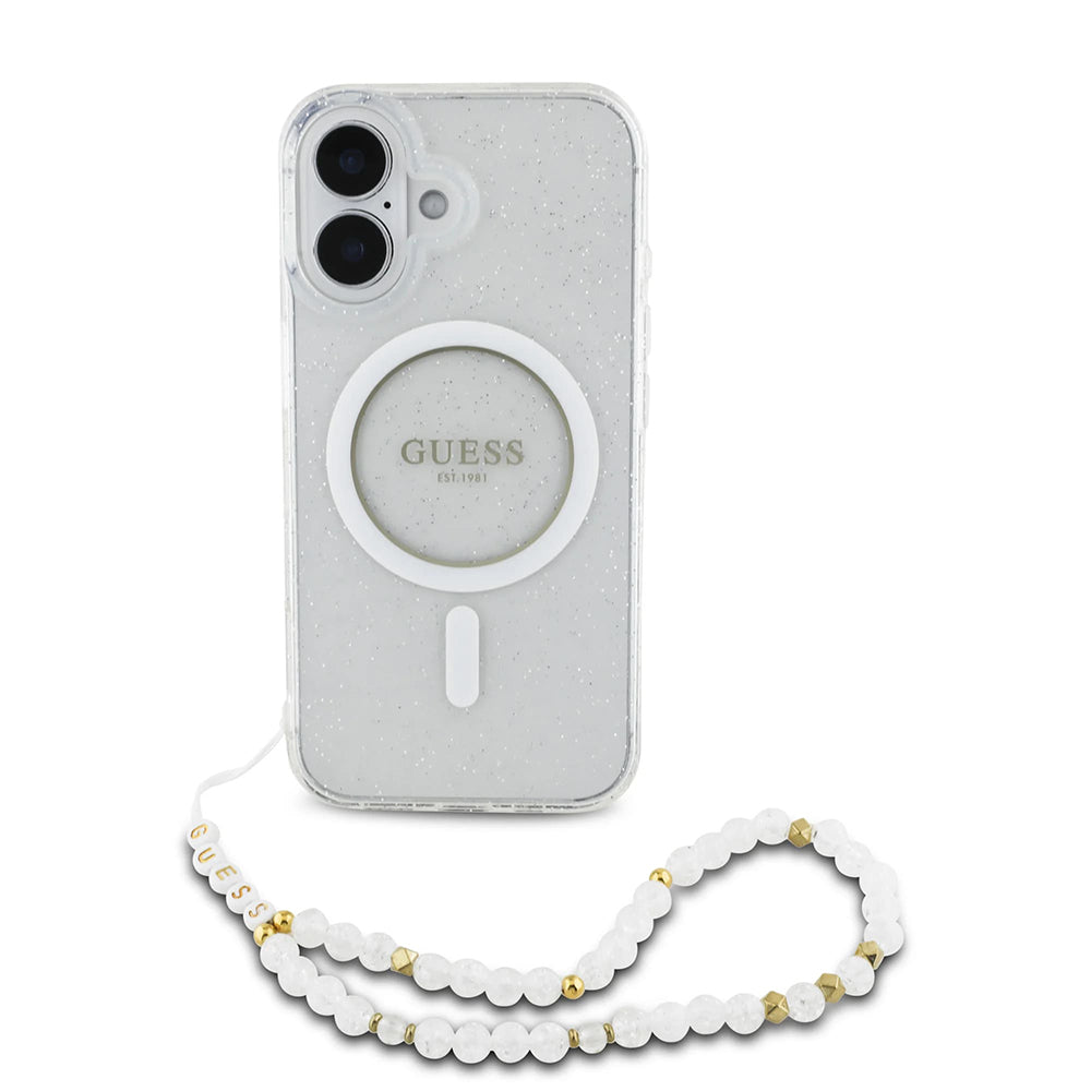 MagSafe Case for Apple iPhone 16, Guess, IML Glitter with Pearl Strap, Transparent