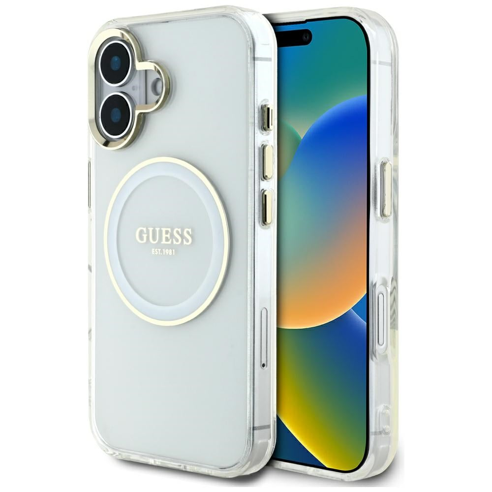Калъф MagSafe за Apple iPhone 16, Guess, IML Metal Colored Circle, Бял