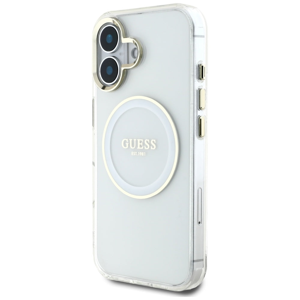 Калъф MagSafe за Apple iPhone 16, Guess, IML Metal Colored Circle, Бял
