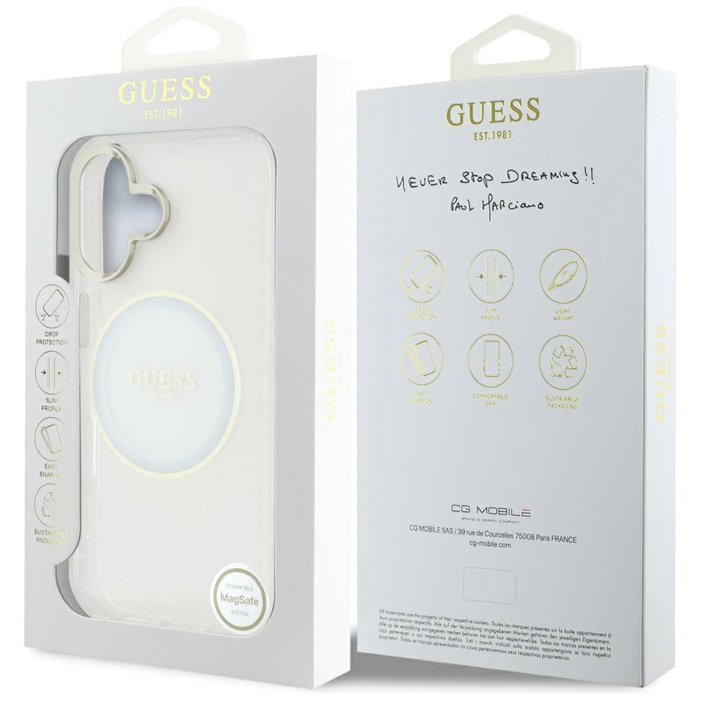 Калъф MagSafe за Apple iPhone 16, Guess, IML Metal Colored Circle, Бял