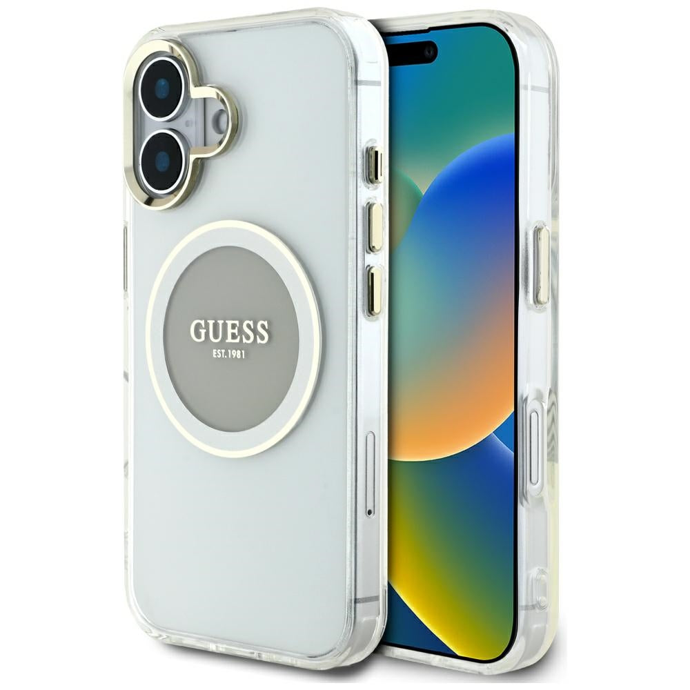 Калъф MagSafe за Apple iPhone 16, Guess, IML Metal Colored Circle, Сив