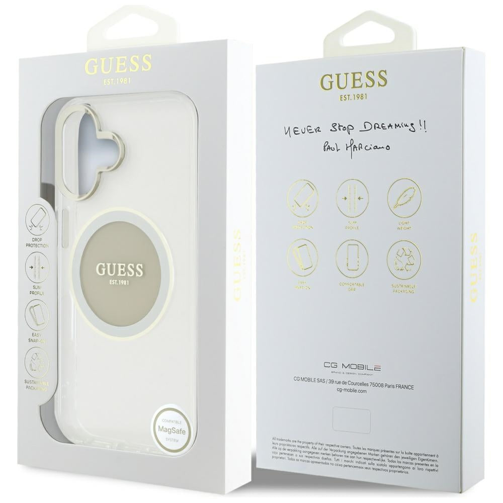 Калъф MagSafe за Apple iPhone 16, Guess, IML Metal Colored Circle, Сив
