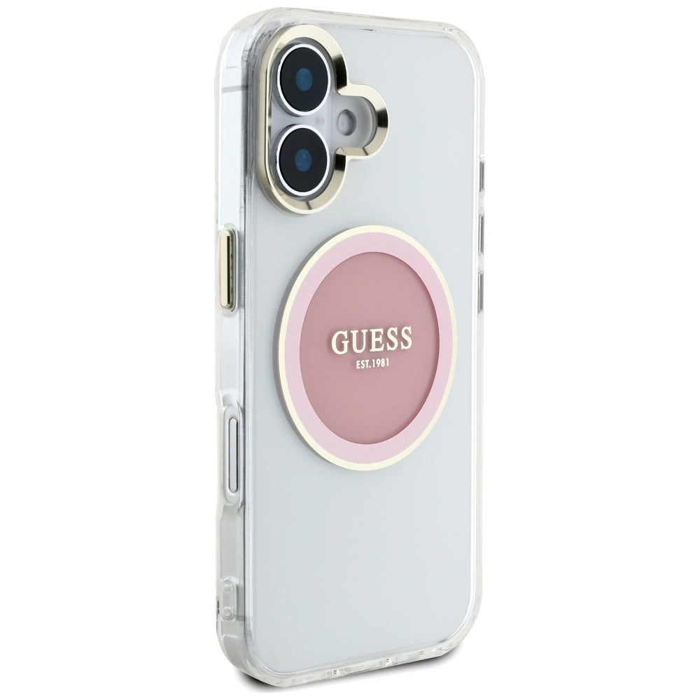 Калъф MagSafe за Apple iPhone 16, Guess, IML Metal Colored Circle, Розов