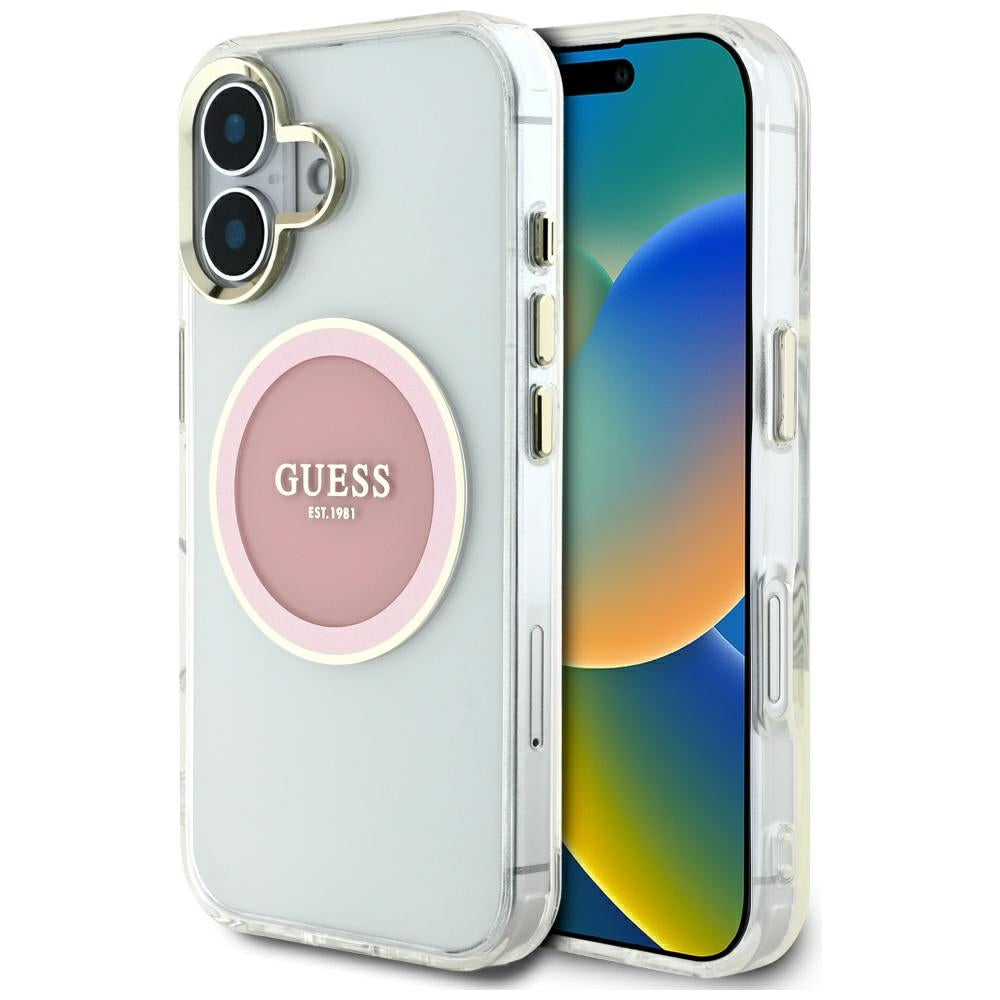 Калъф MagSafe за Apple iPhone 16, Guess, IML Metal Colored Circle, Розов