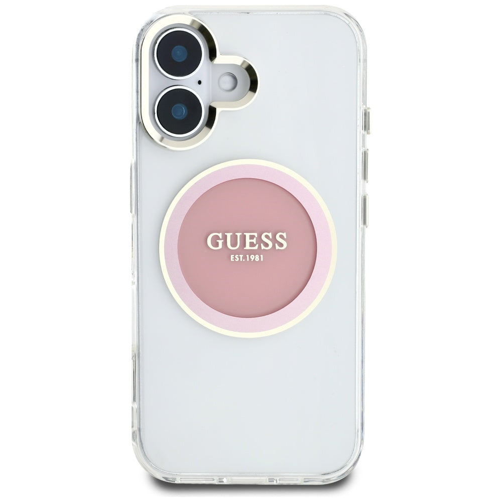 Калъф MagSafe за Apple iPhone 16, Guess, IML Metal Colored Circle, Розов