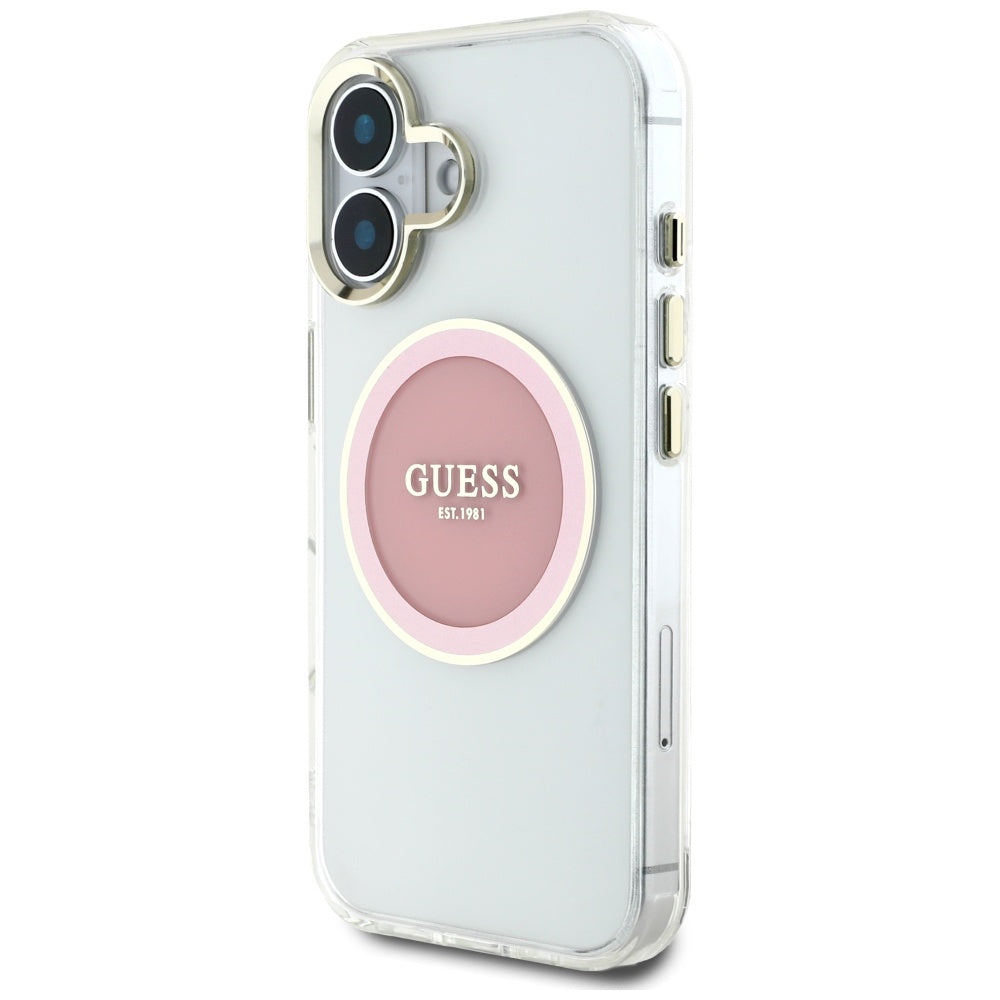 Калъф MagSafe за Apple iPhone 16, Guess, IML Metal Colored Circle, Розов