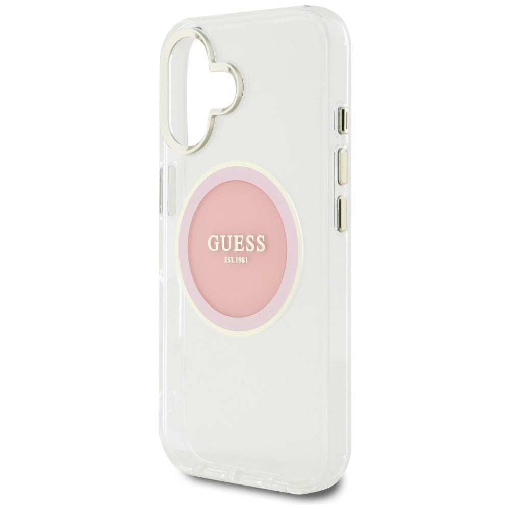 Калъф MagSafe за Apple iPhone 16, Guess, IML Metal Colored Circle, Розов