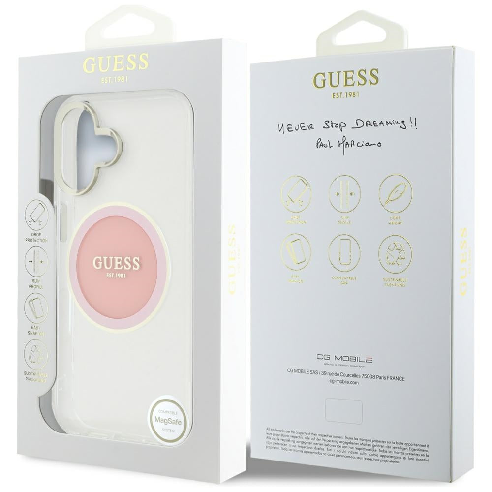 Калъф MagSafe за Apple iPhone 16, Guess, IML Metal Colored Circle, Розов