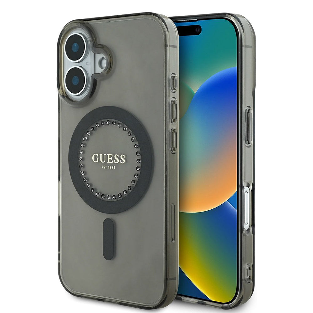 Калъф MagSafe за Apple iPhone 16, Guess, IML Rhinestone, Черен