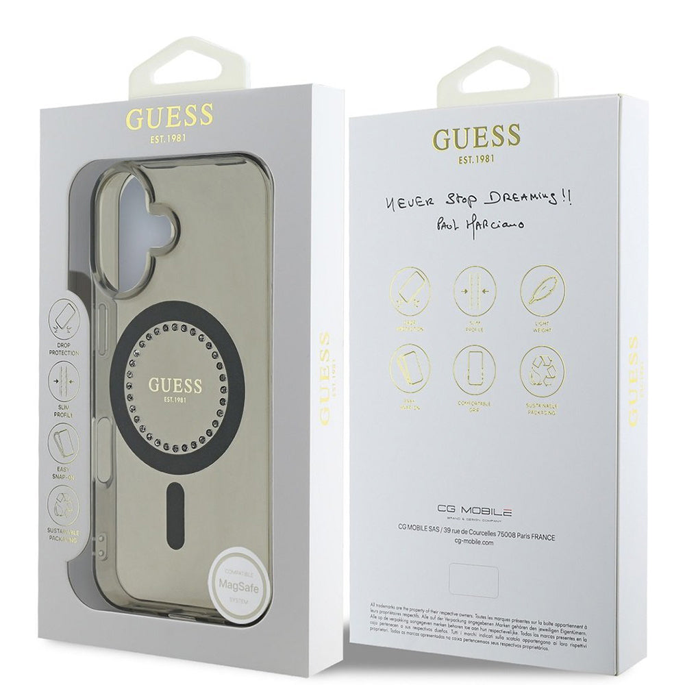 Калъф MagSafe за Apple iPhone 16, Guess, IML Rhinestone, Черен