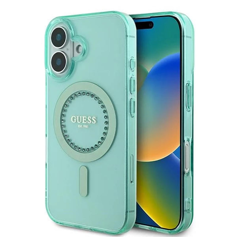 Калъф MagSafe за Apple iPhone 16, Guess, IML Rhinestone, Зелен