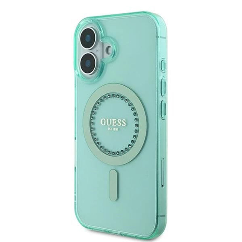 Калъф MagSafe за Apple iPhone 16, Guess, IML Rhinestone, Зелен