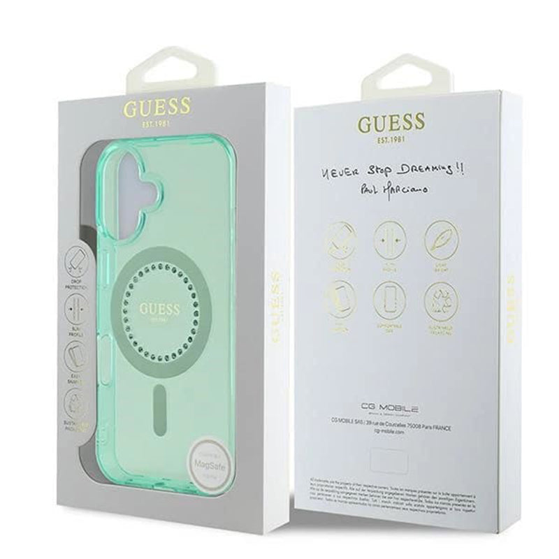 Калъф MagSafe за Apple iPhone 16, Guess, IML Rhinestone, Зелен
