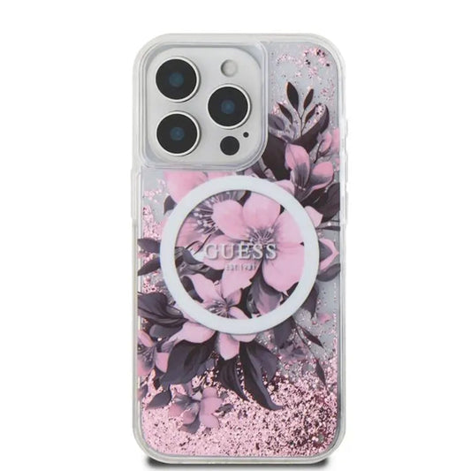 MagSafe Case for Apple iPhone 16, Guess, Liquid Glitter Flower, Pink
