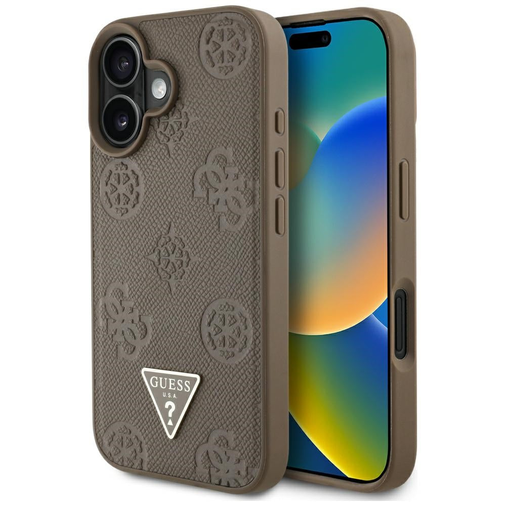 Калъф MagSafe за Apple iPhone 16, Guess, Peony Grained Hot Stamp Triangle, Кафяв
