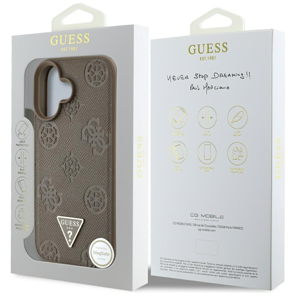 Калъф MagSafe за Apple iPhone 16, Guess, Peony Grained Hot Stamp Triangle, Кафяв