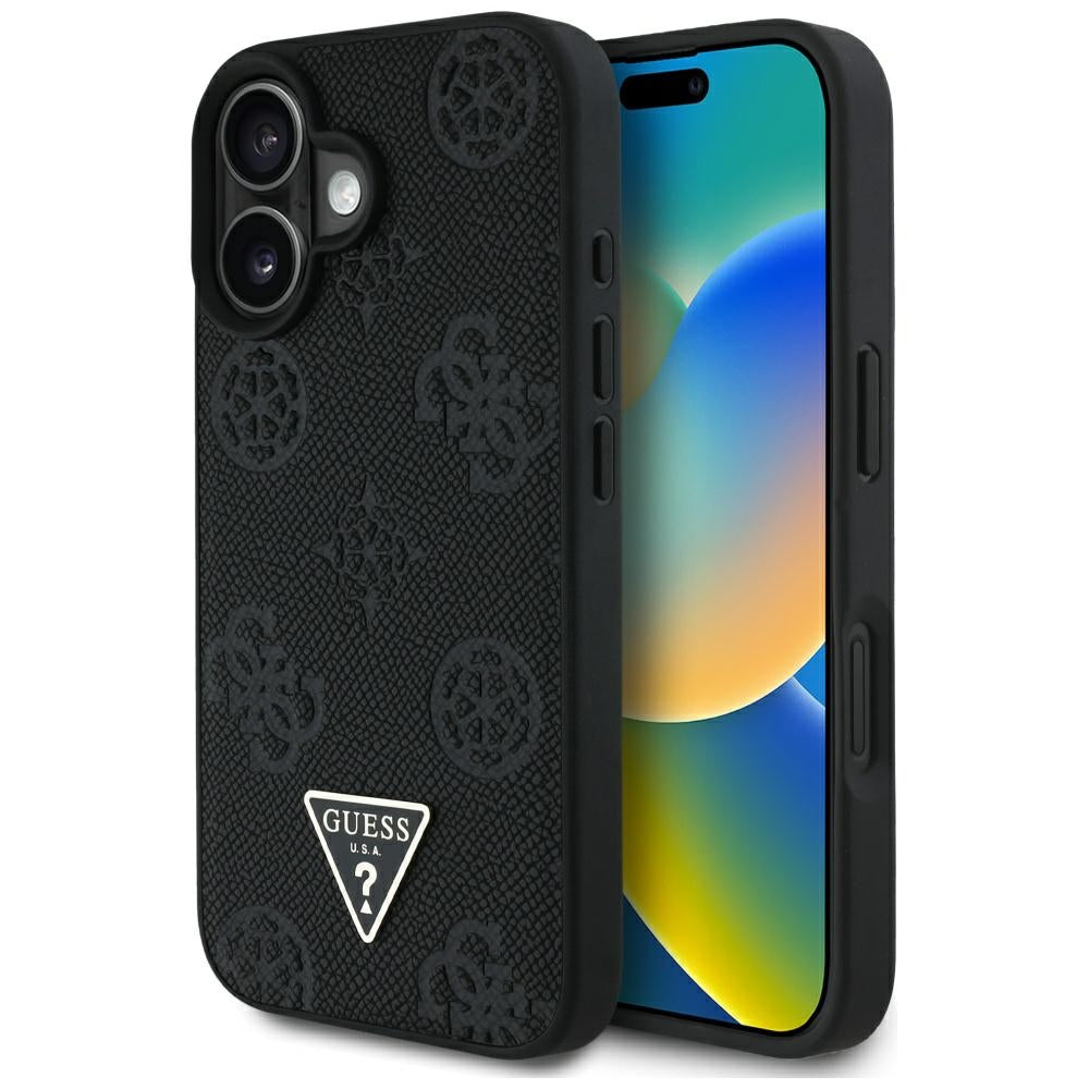 Калъф MagSafe за Apple iPhone 16, Guess, Peony Grained Hot Stamp Triangle, Черен